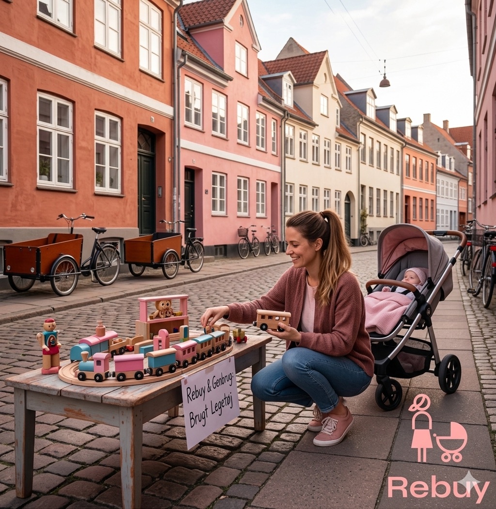 Forælder med barnevogn finder et brugt trætog tæt på i et dansk nabolag