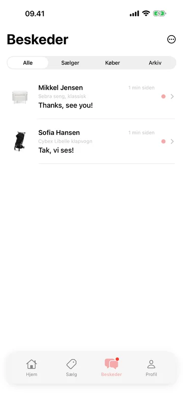 Rebuy app — chat med sælger om pris og afhentning af babyudstyr